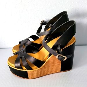 See by Chloe Black Leather Platform Wedge Sandals